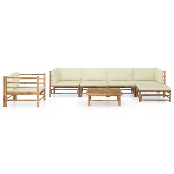 vidaXL 7 pcs conj. lounge p/ jardim em bambu c/ almofadões branco nata