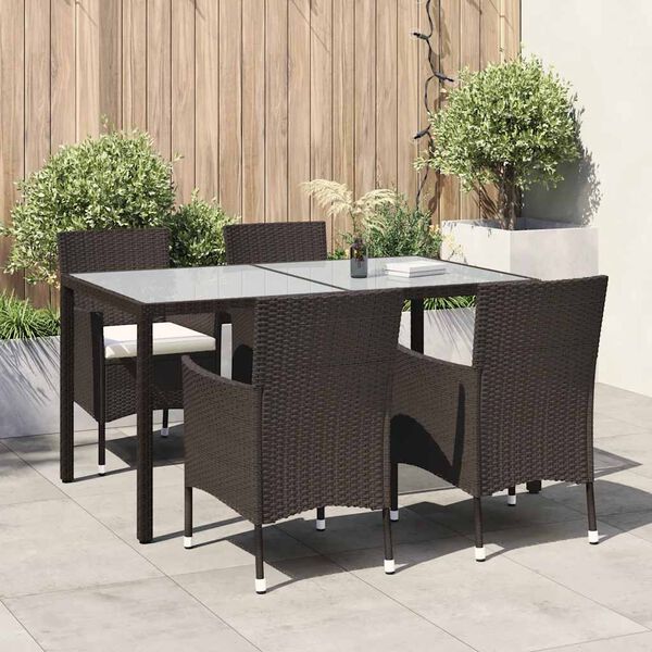 vidaXL 5 pcs conjunto jantar exterior c/ almofad&otilde;es vime PE castanho
