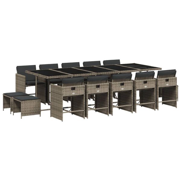 vidaXL 15 pcs conjunto jantar p/ jardim c/ almofad&otilde;es vime PE cinzento