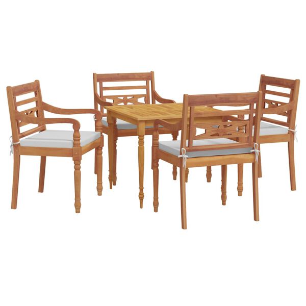 vidaXL 5 pcs conjunto de jantar p/ jardim c/ almofadões teca maciça