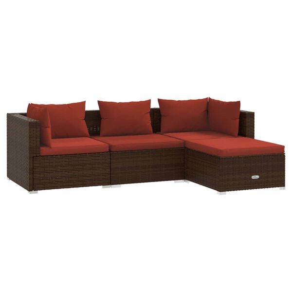 vidaXL 4 pcs conjunto lounge jardim c/ almofad&otilde;es vime PE castanho