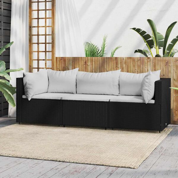 vidaXL 3 pcs conjunto lounge de jardim c/ almofadões vime PE preto