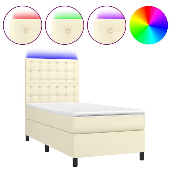 vidaXL Cama box spring c/ colch&atilde;o/LED 100x200cm couro artificial creme