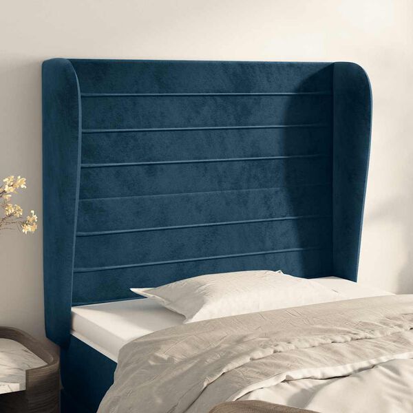vidaXL Cabeceira cama c/ abas veludo 83x23x118/128 cm azul-escuro