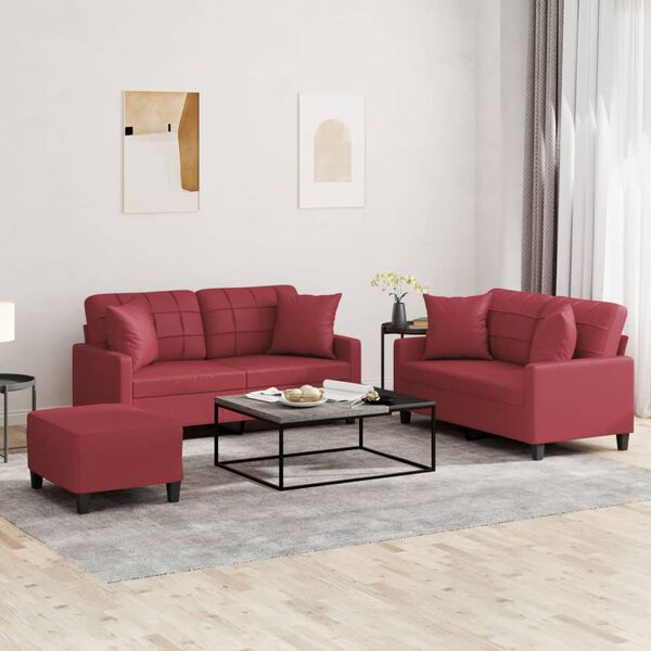 vidaXL 3 pcs conjunto sof&aacute;s c/ almofadas couro artif. vermelho tinto