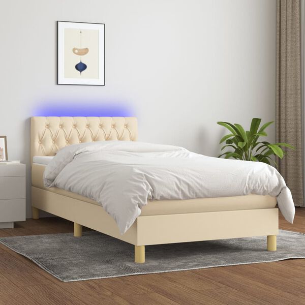 vidaXL Cama box spring c/ colch&atilde;o e LED 100x200 cm tecido cor creme