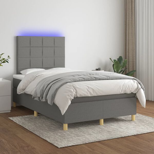 vidaXL Cama box spring c/ colch&atilde;o e LED 120x200 cm tecido cinza-escuro