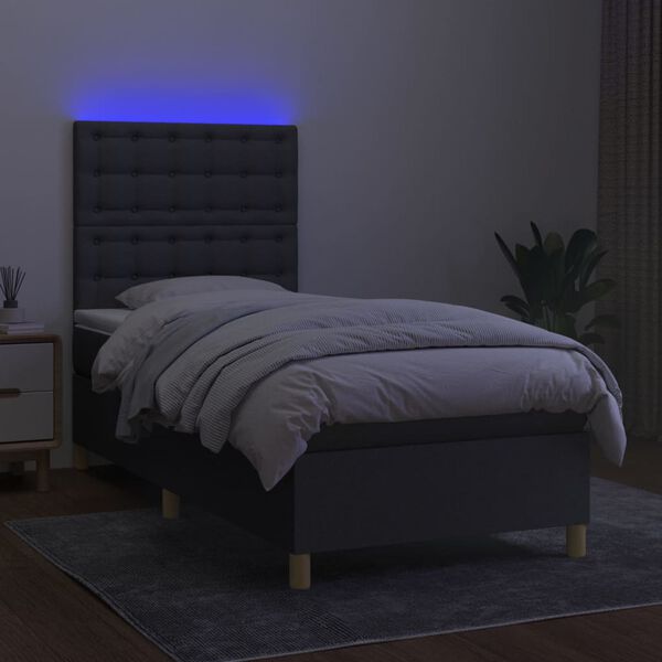 vidaXL Cama box spring c/ colch&atilde;o e LED 100x200 cm tecido cinza-escuro