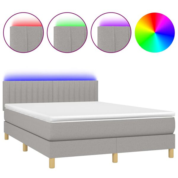 vidaXL Cama box spring c/ colch&atilde;o e LED 140x190 cm tecido cinza-claro
