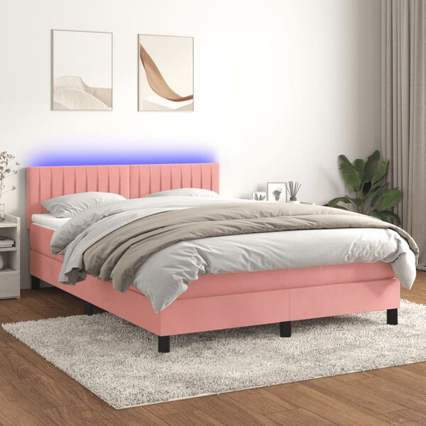 vidaXL Cama box spring c/ colch&atilde;o/LED 140x200 cm veludo rosa