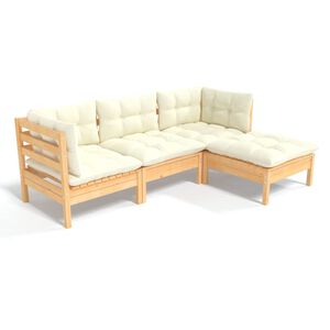 vidaXL 4 pcs conjunto lounge jardim c/ almofadões cor creme pinho