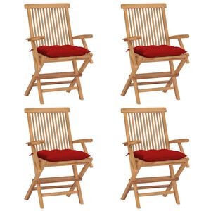 vidaXL Cadeiras de jardim c/ almofad&otilde;es vermelhos 4 pcs teca maci&ccedil;a