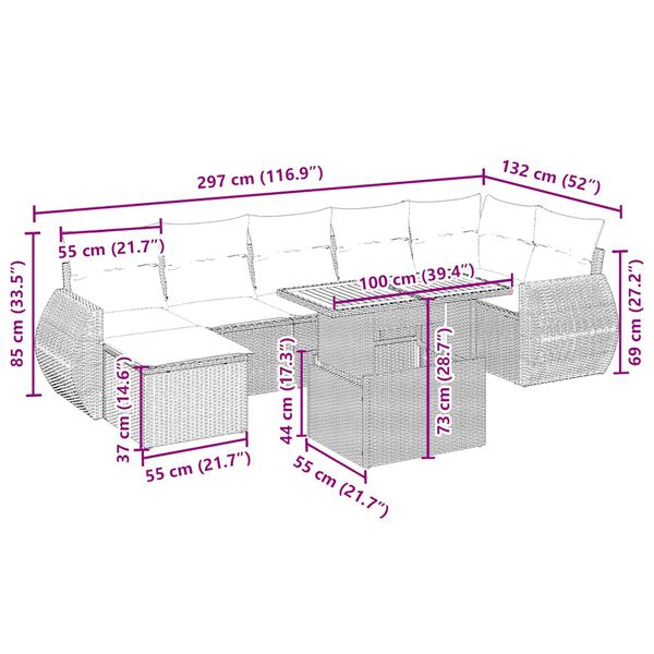 vidaXL 8 pcs conjunto de sof&aacute;s p/ jardim com almofad&otilde;es vime PE bege