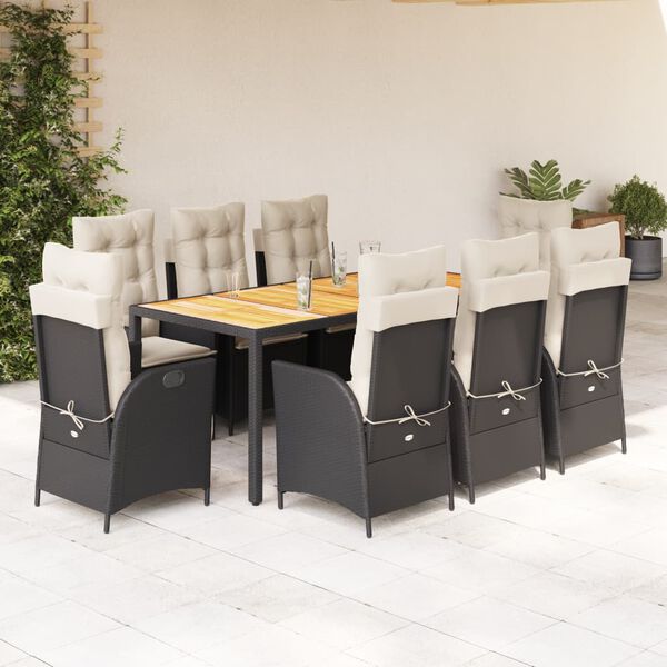 vidaXL 9 pcs conjunto de jantar p/ jardim c/ almofad&otilde;es vime PE preto