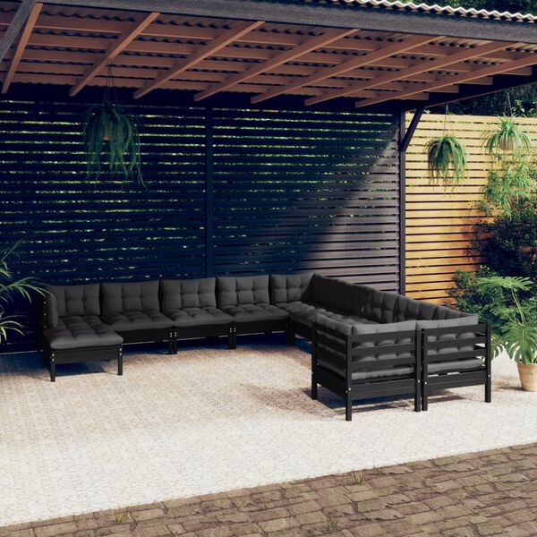 vidaXL 11 pcs conjunto lounge de jardim c/ almofadões pinho preto