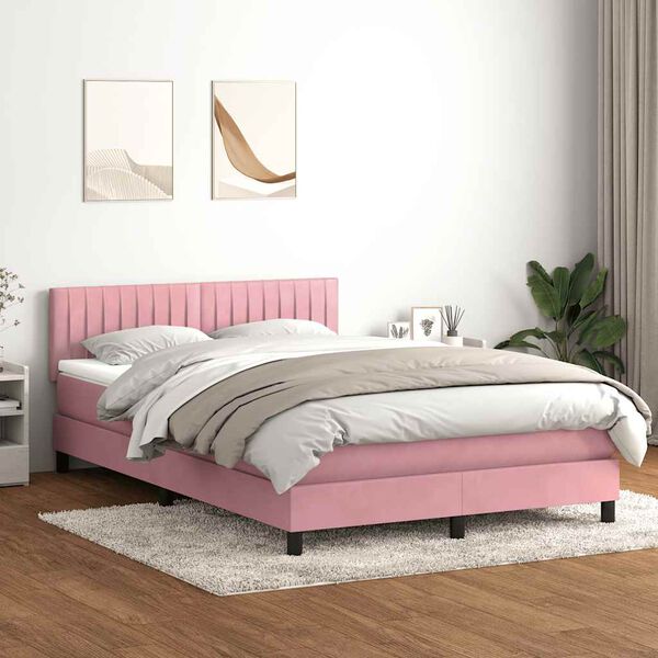vidaXL Cama box spring c/ colch&atilde;o e LED 140x220 cm veludo rosa