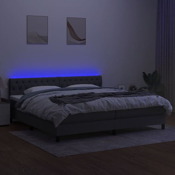 vidaXL Cama box spring c/ colch&atilde;o e LED 200x200 cm tecido cinza-escuro