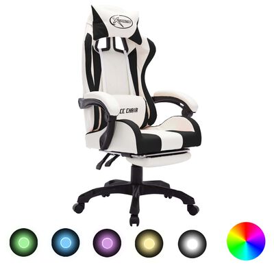 vidaXL Cadeira estilo corrida luzes LED RGB couro artif. preto/branco
