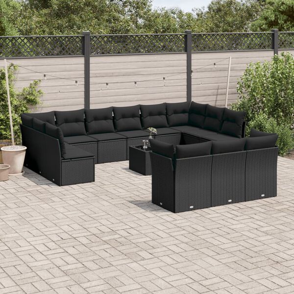 vidaXL 14 pcs conjunto de sof&aacute;s p/ jardim c/ almofad&otilde;es vime PE preto