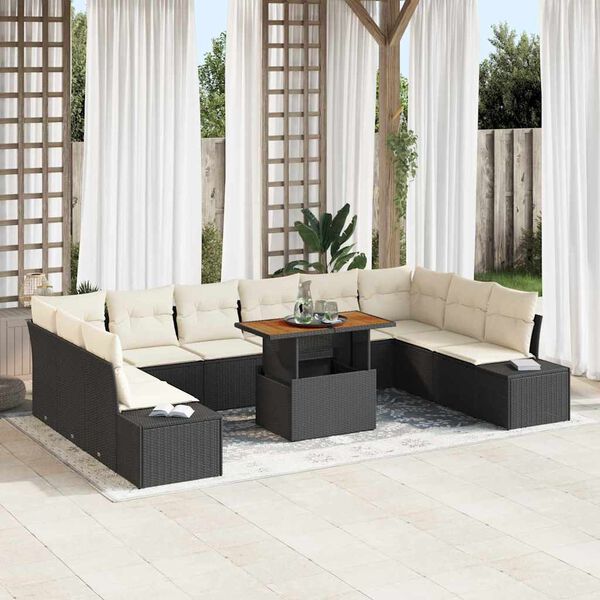vidaXL Conjunto de Sof&aacute; de Jardim com almofada 11 pcs Preto e Creme