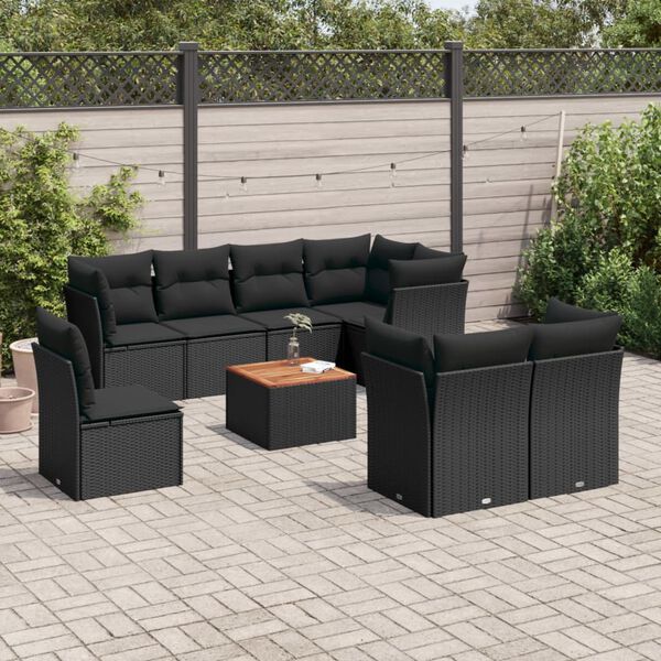 vidaXL 9 pcs conjunto de sof&aacute;s p/ jardim c/ almofad&otilde;es vime PE preto