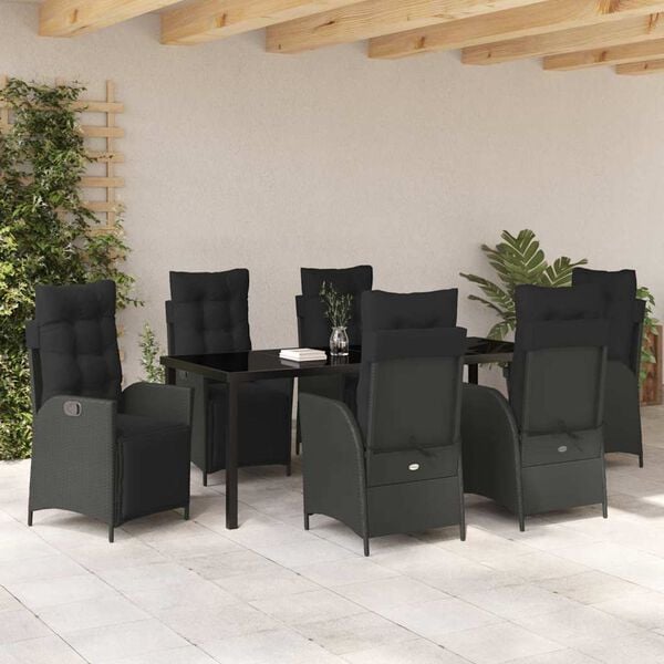 vidaXL Conjunto de Jantar para Jardim com almofada 7 pcs Preto vime PE