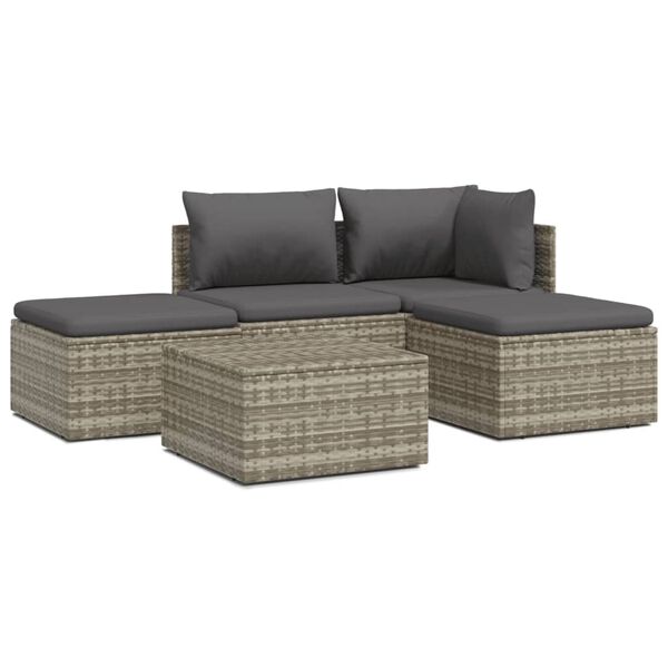 vidaXL 5 pcs conjunto lounge de jardim c/ almofad&otilde;es vime PE cinzento