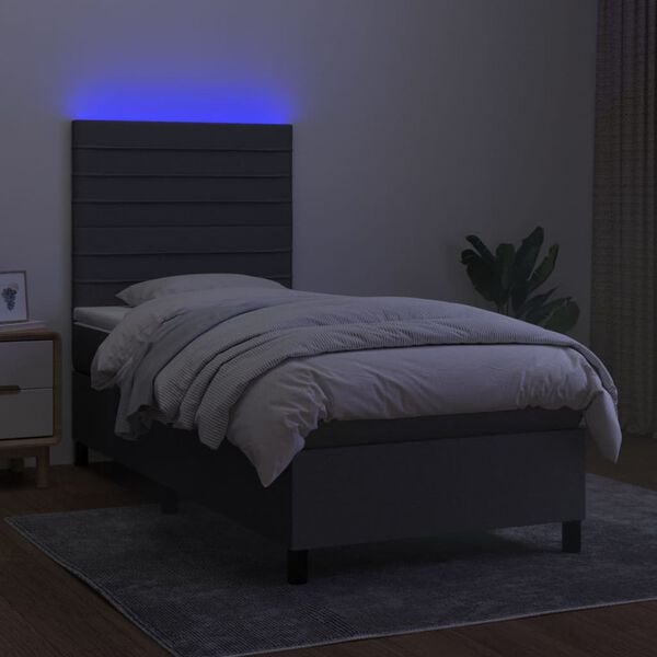 vidaXL Cama box spring c/ colch&atilde;o e LED 100x200 cm tecido cinza-escuro