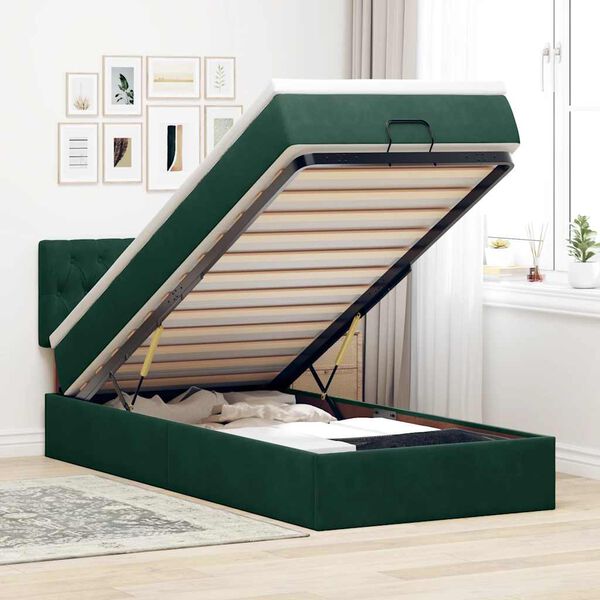 vidaXL Estrutura de cama otomana colch&atilde;o 90x200 cm veludo verde escuro