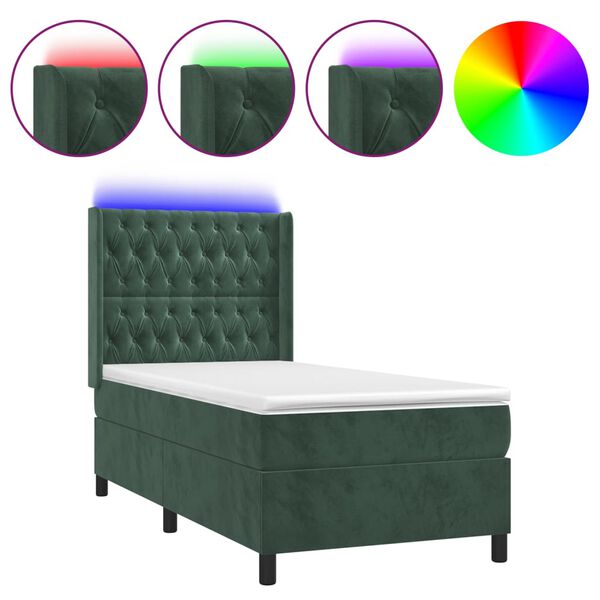 vidaXL Cama box spring c/ colch&atilde;o/LED 90x190 cm veludo verde-escuro