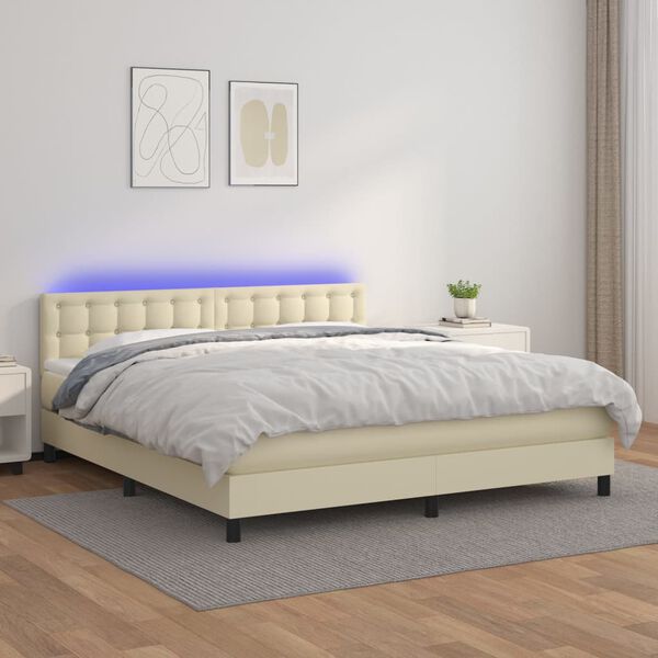 vidaXL Cama box spring c/ colch&atilde;o/LED 180x200cm couro artificial creme