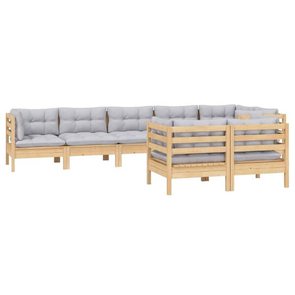 vidaXL 8 pcs conjunto lounge de jardim + almofad&otilde;es cinza pinho maci&ccedil;o