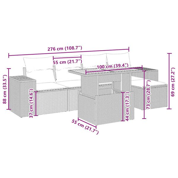 vidaXL 6 pcs conjunto de sof&aacute;s p/ jardim com almofad&otilde;es vime PE bege