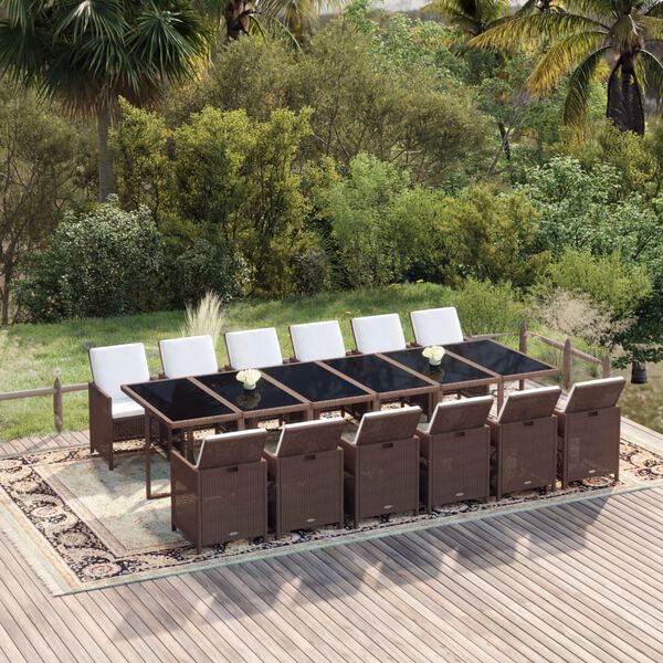 vidaXL 13 pcs conjunto jantar p/ jardim c/ almofad&otilde;es vime PE castanho