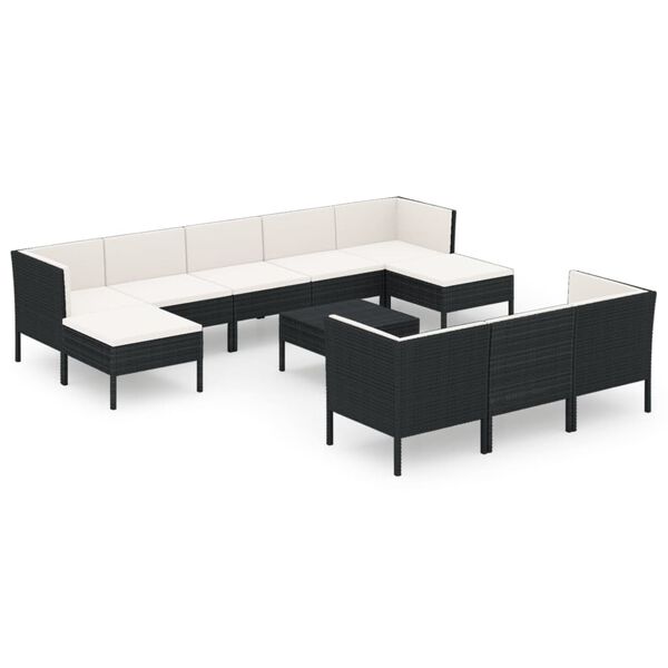 vidaXL 11 pcs conjunto lounge de jardim c/ almofad&otilde;es vime PE preto