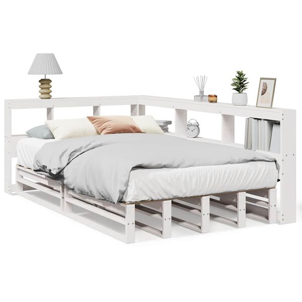 vidaXL Cama com estante sem colchão 120x200 cm pinho maciço branco
