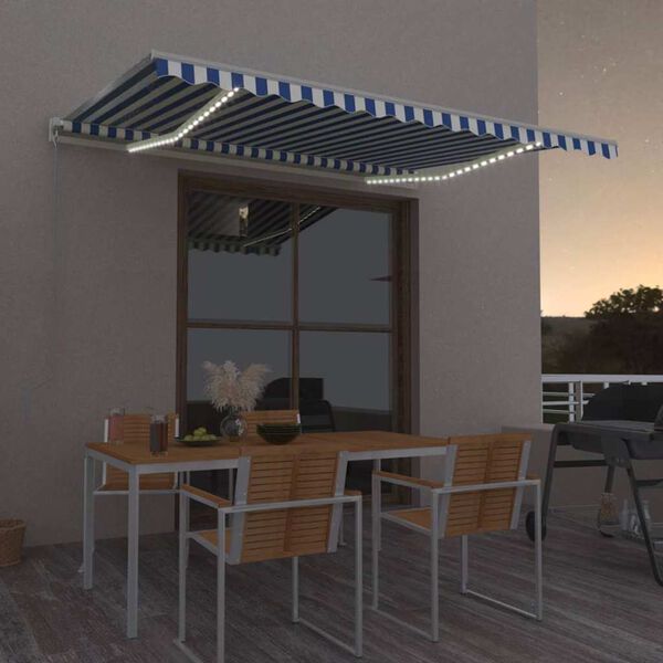 vidaXL Toldo autom&aacute;tico c/ LED e sensor de vento 450x350cm azul/branco