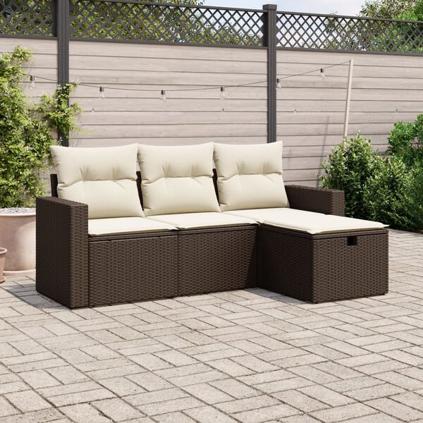 vidaXL 4 pcs conjunto sofás de jardim c/ almofadões vime PE castanho