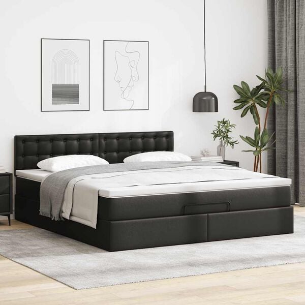 vidaXL Cama otomana com colch&otilde;es&LEDs 180x200cm couro artificial preto