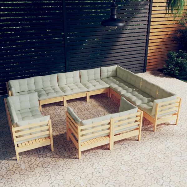 vidaXL 12 pcs conjunto lounge jardim c/ almofad&otilde;es creme pinho maci&ccedil;o