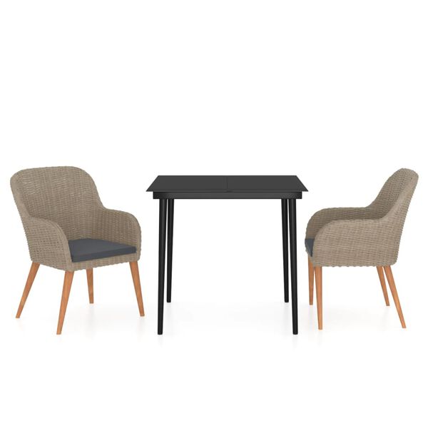 vidaXL 3 pcs conjunto de jantar para jardim com almofad&otilde;es castanho