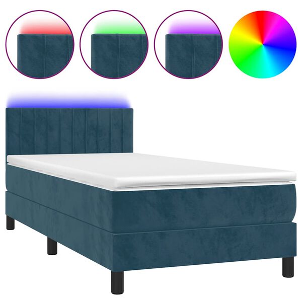 vidaXL Cama box spring c/ colch&atilde;o/LED 90x200 cm veludo azul-escuro