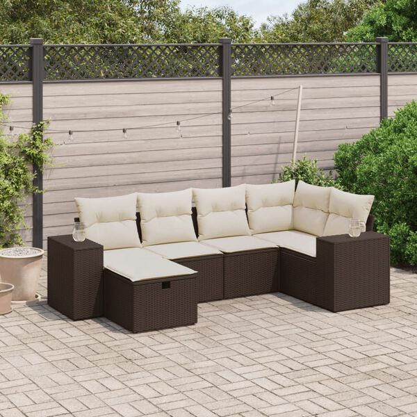 vidaXL 6 pcs conjunto de sof&aacute;s jardim c/ almofad&otilde;es vime PE castanho