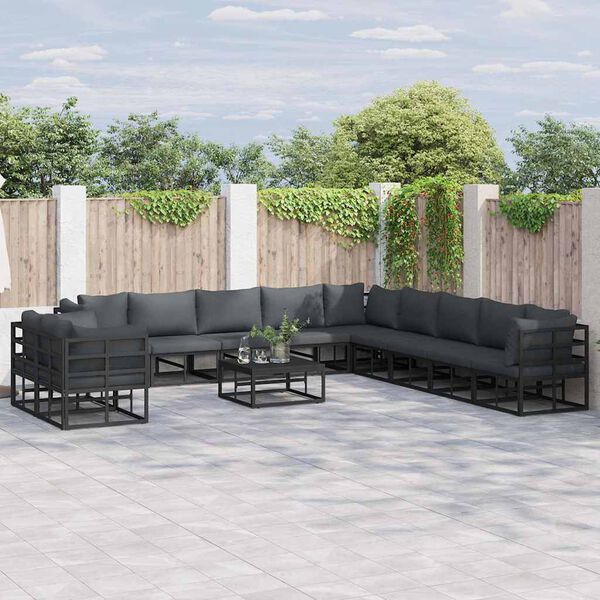 vidaXL Conjunto de Sof&aacute; de Jardim com almofada 12 pcs Preto Alum&iacute;nio