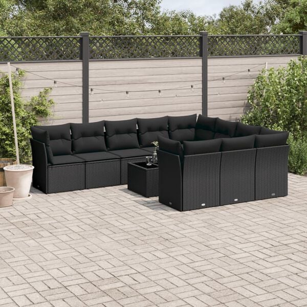 vidaXL 11 pcs conjunto sof&aacute;s de jardim c/ almofad&otilde;es vime PE preto