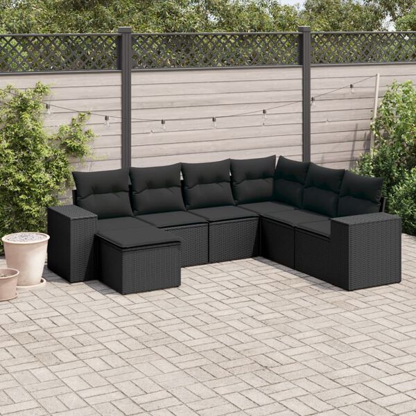 vidaXL 7 pcs conjunto de sof&aacute;s p/ jardim c/ almofad&otilde;es vime PE preto