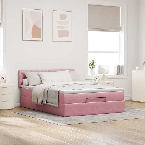 vidaXL Estrutura de cama otomana com colch&atilde;o 140x190 cm veludo rosa