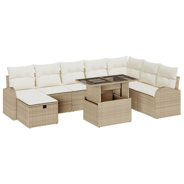 vidaXL Conjunto de Sof&aacute; de Jardim 9 pcs Bege Rattan Sint&eacute;tico