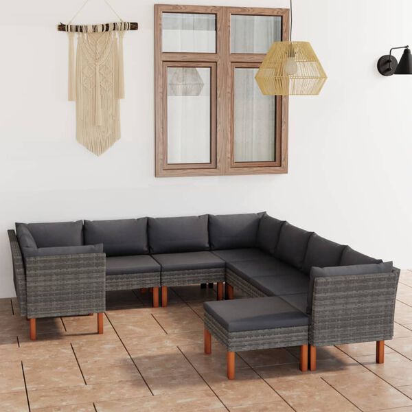 vidaXL 9 pcs conjunto lounge de jardim c/ almofad&otilde;es vime PE cinzento