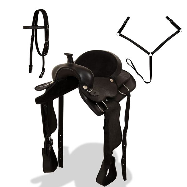 vidaXL Sela western, cabresto e peitoral em couro genu&iacute;no 15" preto